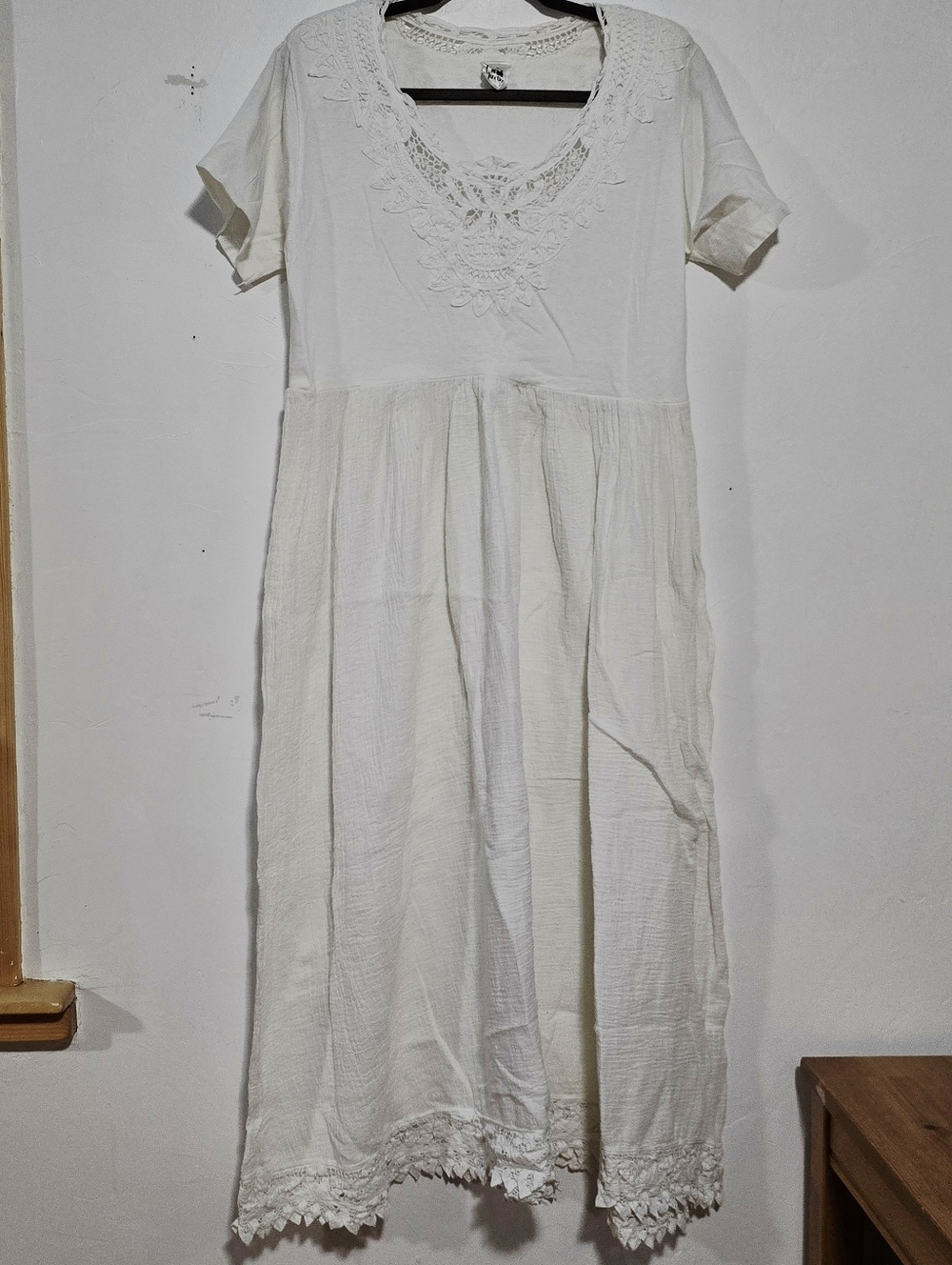 Vtg Junction White V Neck ShortSleeve Maxi Lace Crochet Bohemian Cotton Dress M